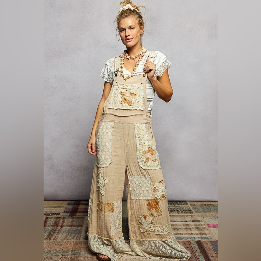 POL Neutral Patchwork Wide-Leg Jumpsuit with Floral Appliqué